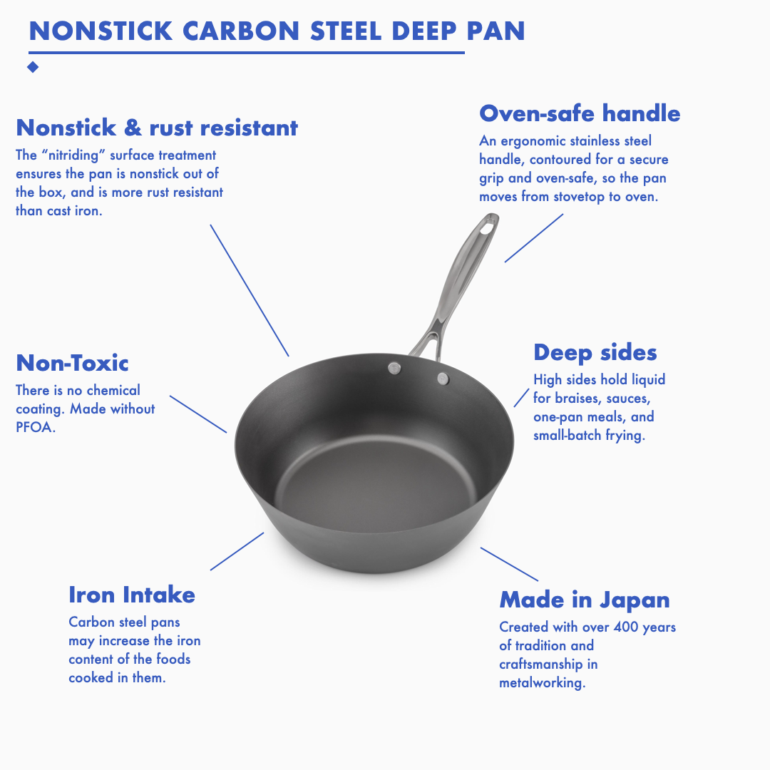 9 inch nitrided carbon steel deep frying pan features: nonstick and rust resistant, non-toxic with no chemical coating, deep sides, oven-safe stainless steel handle, made in Japan