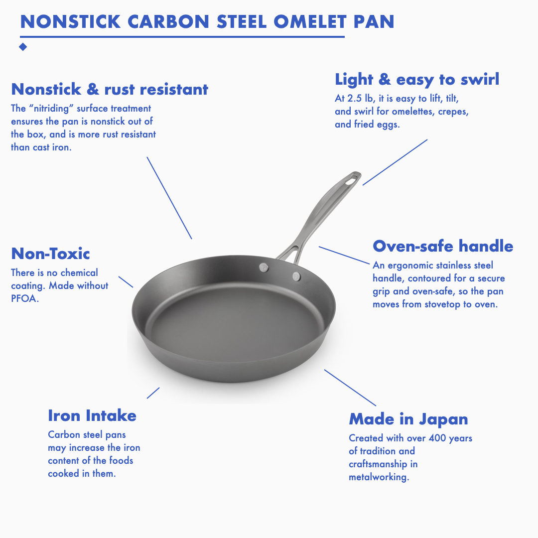 9 inch nitrided carbon steel omelet pan features: nonstick and rust resistant, non-toxic with no chemical coating, light and easy to swirl, oven-safe stainless steel handle, made in Japan